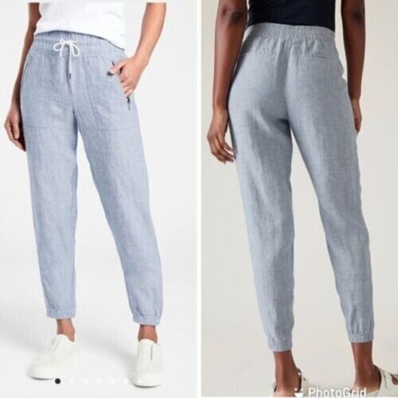 Athleta 100% Linen Cabo Jogger Pants 0 Blue Chambray Boho Beachy Hippie Pull on - Picture 1 of 15